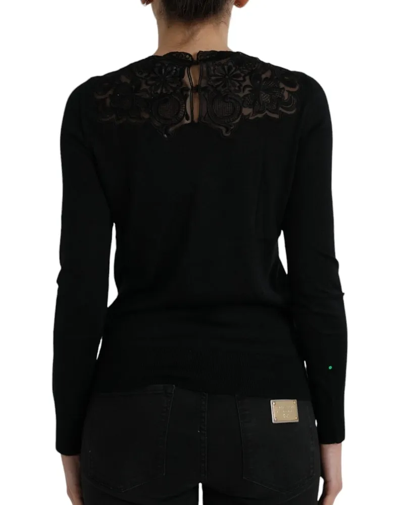Dolce & Gabbana Women Black Silk Lace Trim Long Sleeves Blouse Top Black