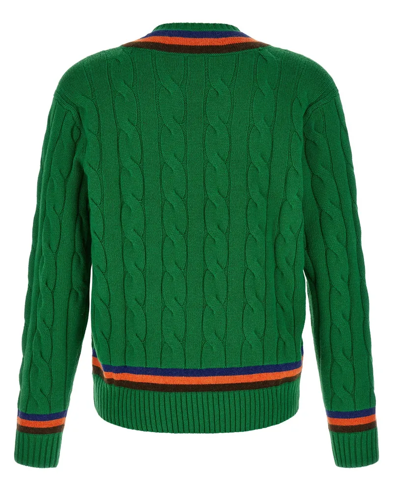 Ralph Lauren Cable-Knit V-Neck with Striped Trim Sweater — Green Green