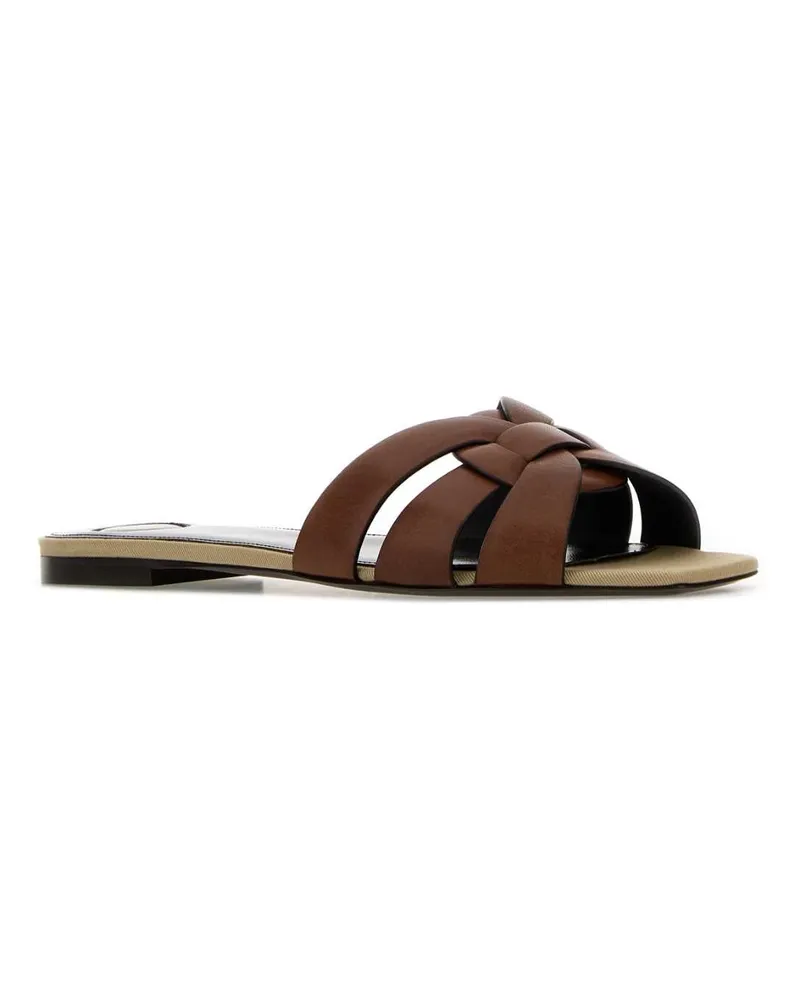 Saint Laurent Women's Brown Leather Slippers Bruciato Flat Shoes Brown
