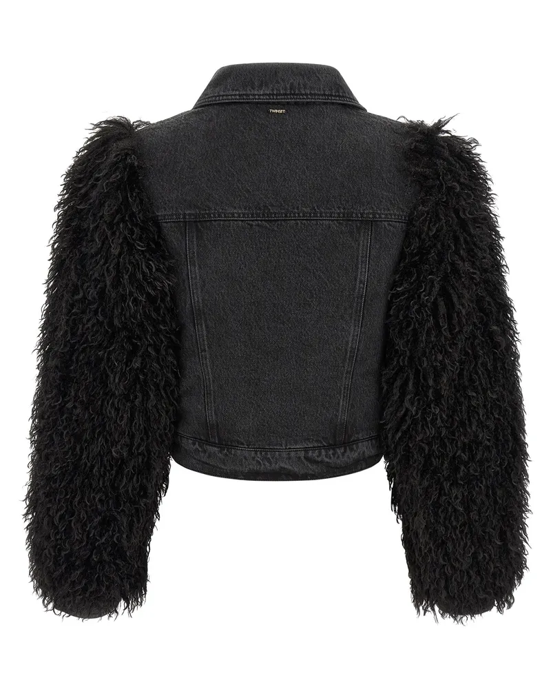 Twin-Set Shearling-Sleeve Denim Jacket — Black Black