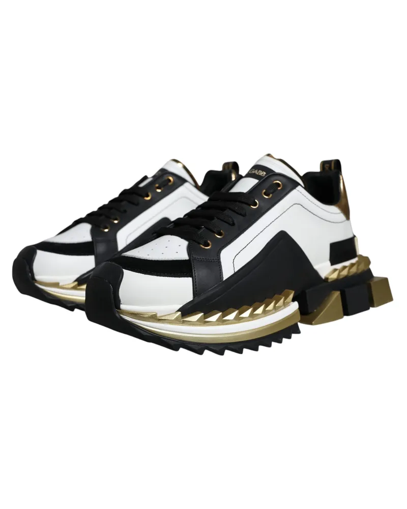Dolce & Gabbana Men's White Gold Black Leather Super King Sneakers Shoes Viscose White