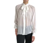 Women's White Silk Sheer Tied Neck Polka Dots Blouse