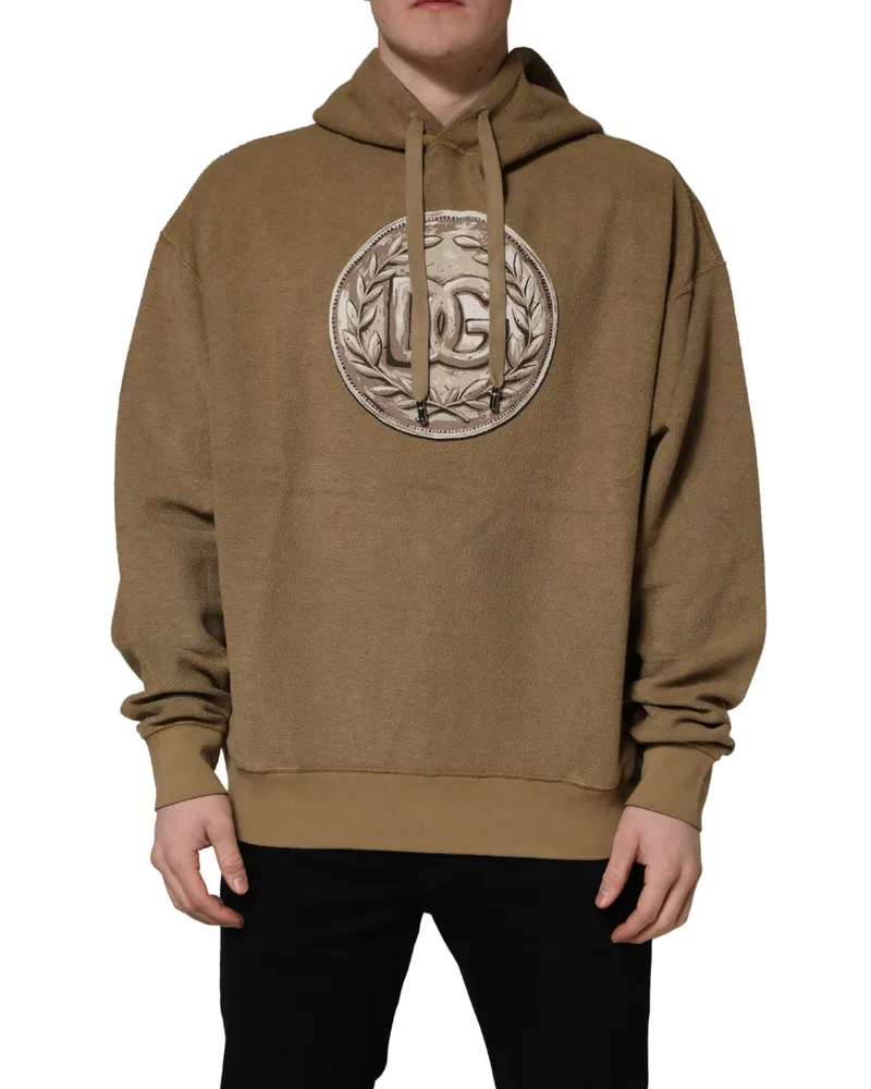 Dolce & Gabbana Men's Embroidered Logo Coin Hoodie Brown Cotton Clothing Brown