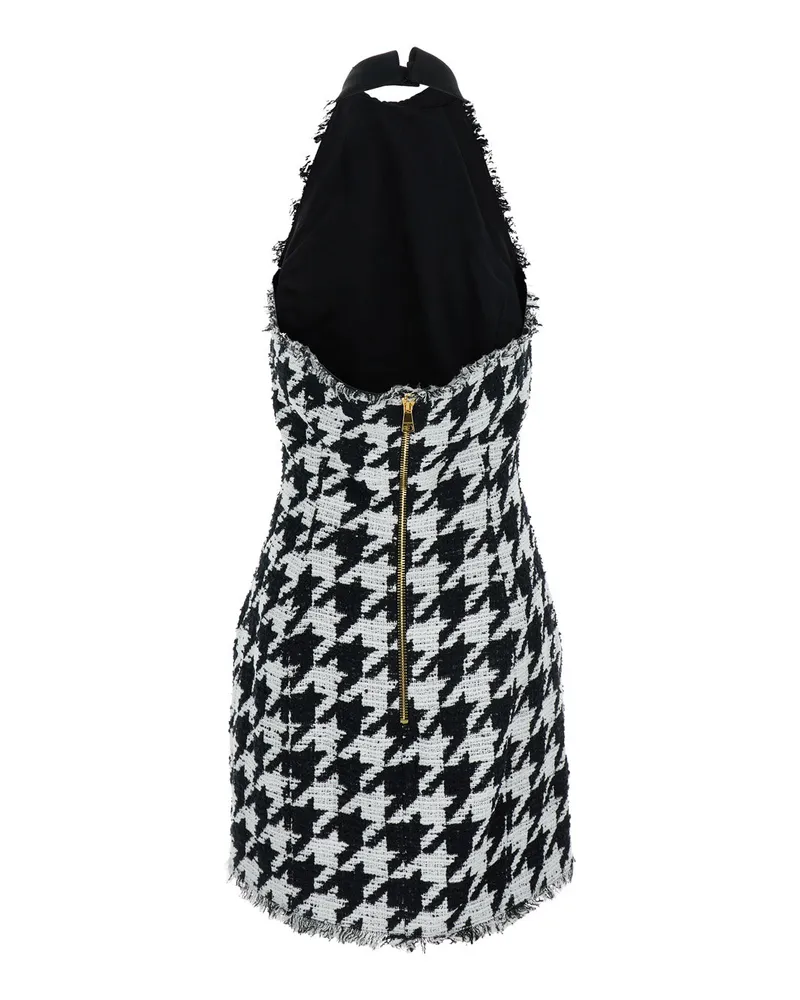 Balmain Women's Halterneck Mini Dress With Houndstooth Motif Black And White Tweed Satin Multicolor