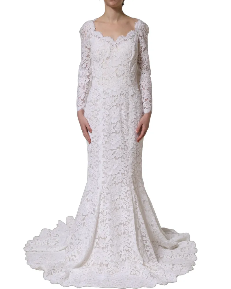 Dolce & Gabbana Women's White Floral Lace Mermaid Long Gown Dress Cotton Nylon White