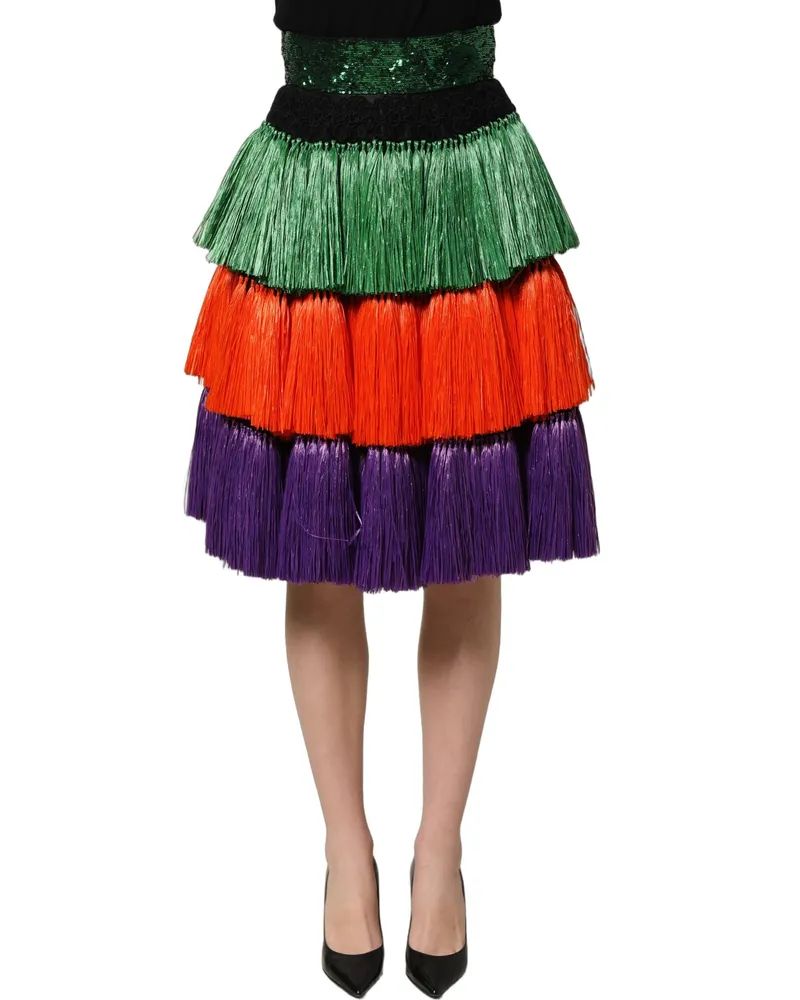 Dolce & Gabbana Women's Multicolor Fringed High Waist Knee Length Skirt Silk Multicolor