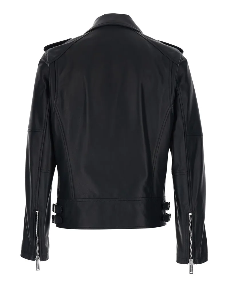 Dsquared2 Men's Leather Jacket Black With Three Zip Pockets Coat Black