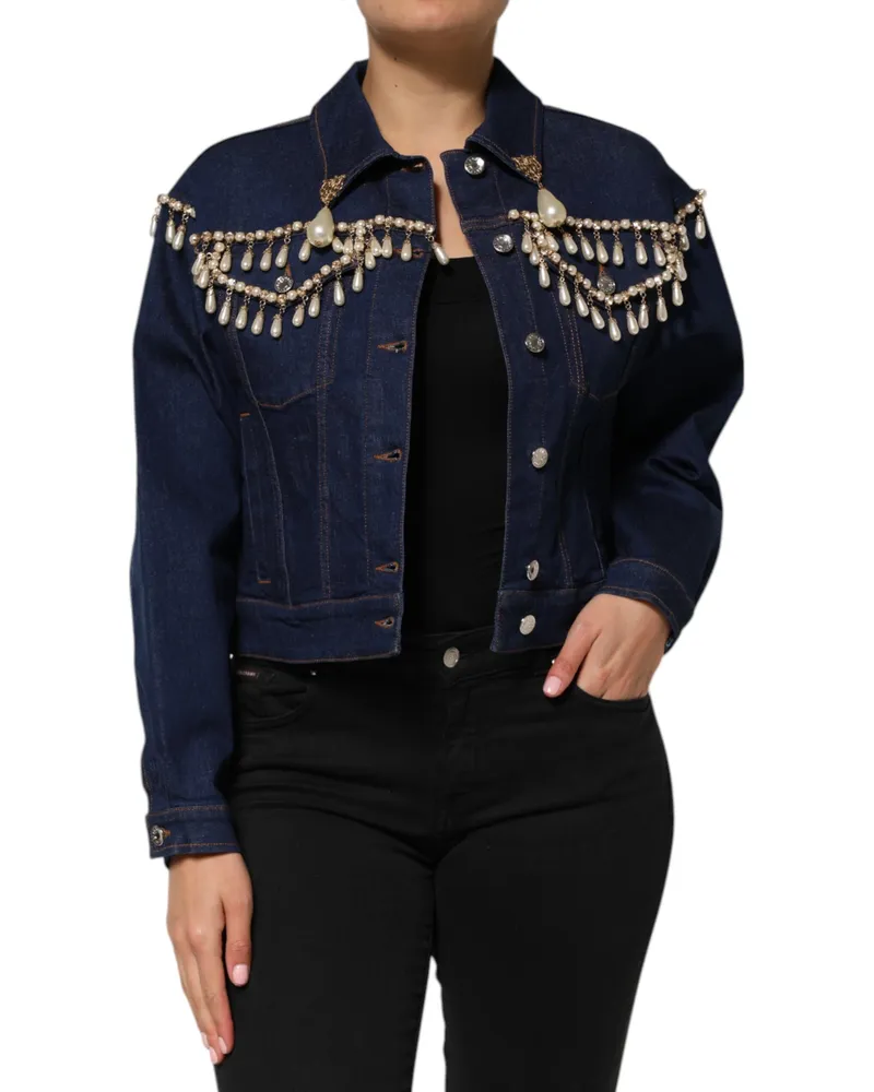 Dolce & Gabbana Women's Blue Cotton Denim Crystal Embellished Jacket Clothing Blue