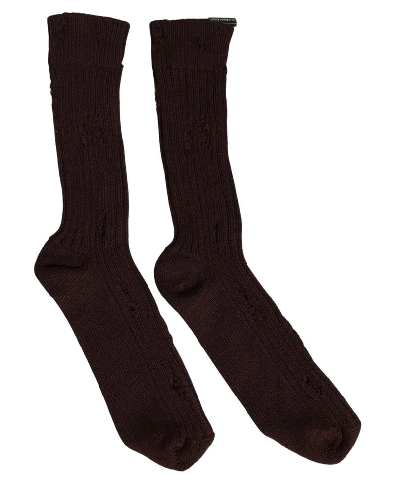 Dolce & Gabbana Men's Dark Brown Cotton Distressed Mid Calf Accessory Socks Nylon Elastane Clothing Dark