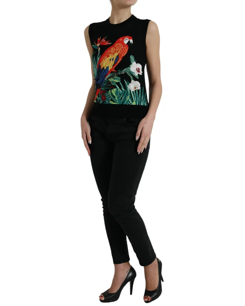 Dolce & Gabbana Women Black Jungle Crew Neck Sleeveless Tank Top Virgin Wool Silk Black