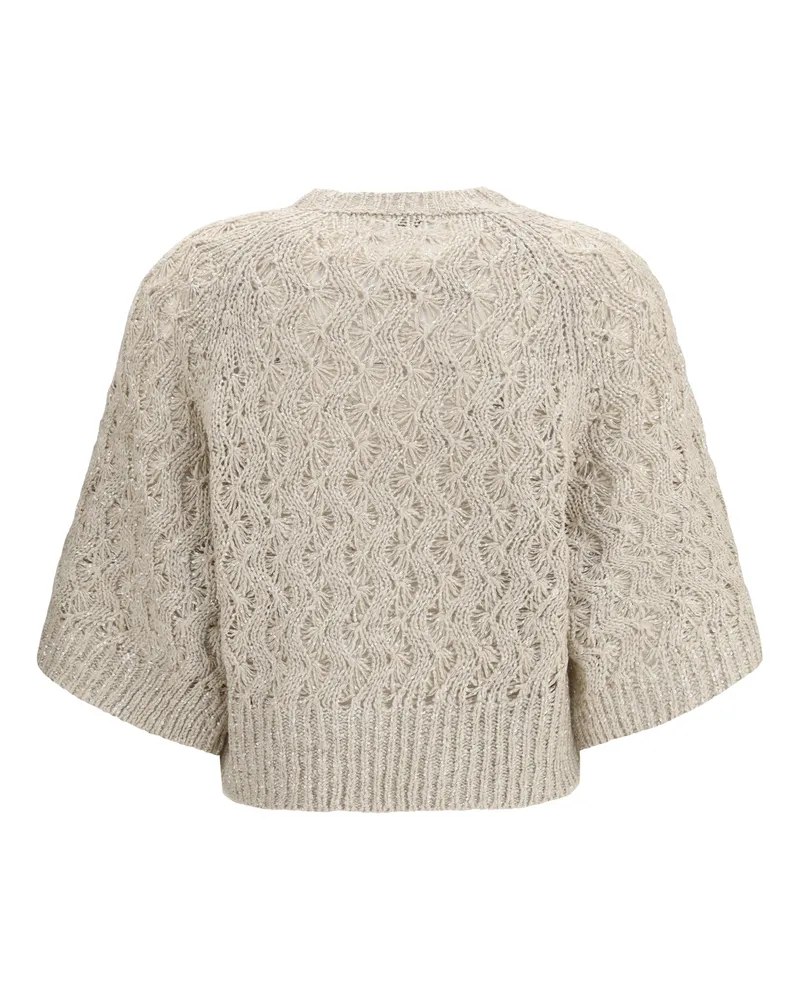 Brunello Cucinelli Women's Sweater Open-Knit Silk Blend Stone-Speckled Cream Stone/speckled Beige