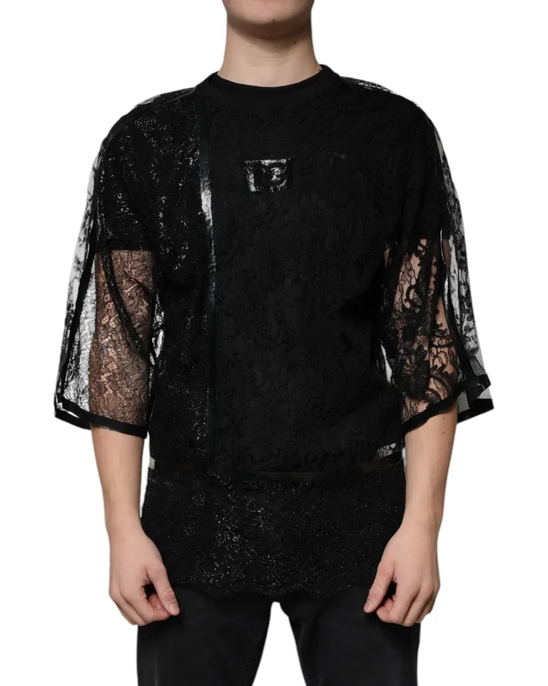 Dolce & Gabbana Men's Black Nylon Floral Lace Crew Neck T-Shirt Black