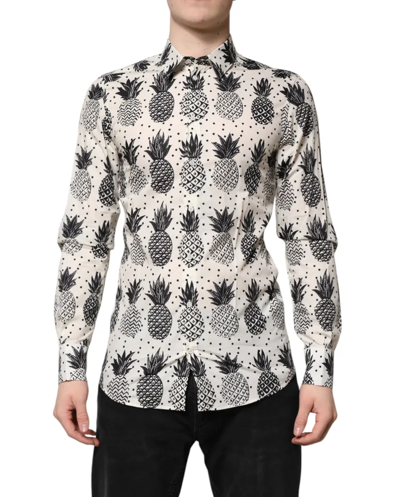 Dolce & Gabbana Men's White Pineapple Print Long Sleeve Gold Shirt Cotton White