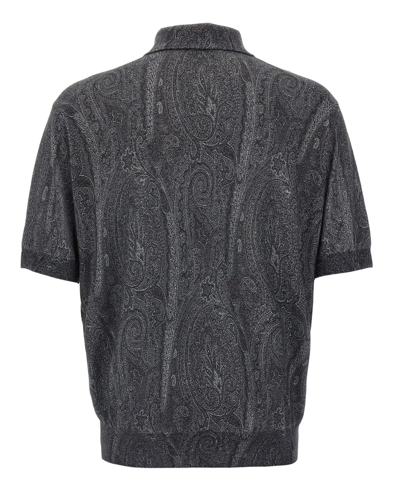 Etro Paisley-Print Silk-Cashmere Polo Shirt — Charcoal Charcoal
