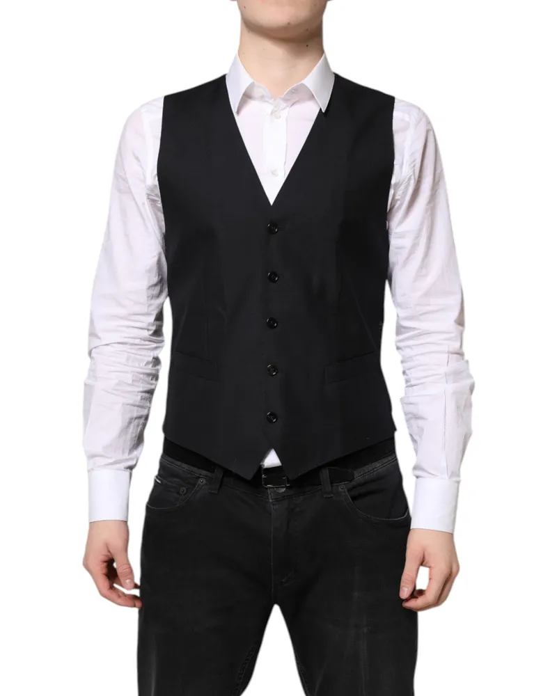 Dolce & Gabbana Men's Black Wool Waistcoat Dress Formal Vest Virgin Silk Black