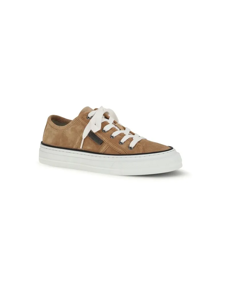 Brunello Cucinelli Women's Beige Calf Leather Bos Taurus Low Top Sneakers Beige