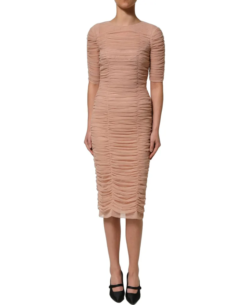 Dolce & Gabbana Women Beige Cotton Mesh Ruched Sheath Midi Dress Nylon Elastane Beige