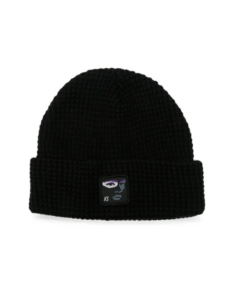 KidSuper HT-10 Embroidered-Face Ribbed Knit Beanie — Black Black