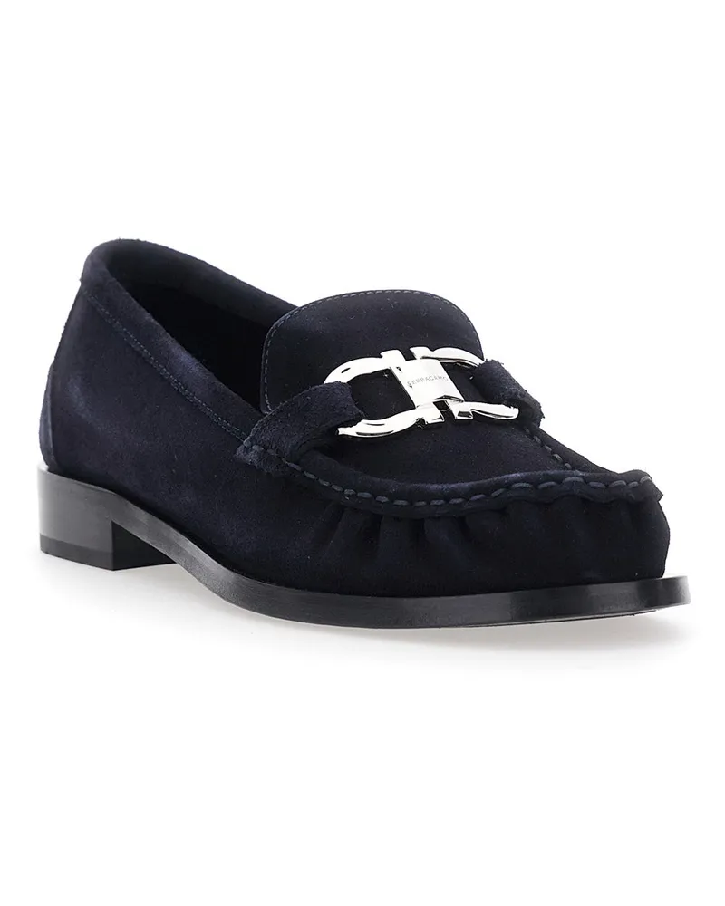 Ferragamo Women's Loafer Marian Suede Blue Calfskin Loafers Blue