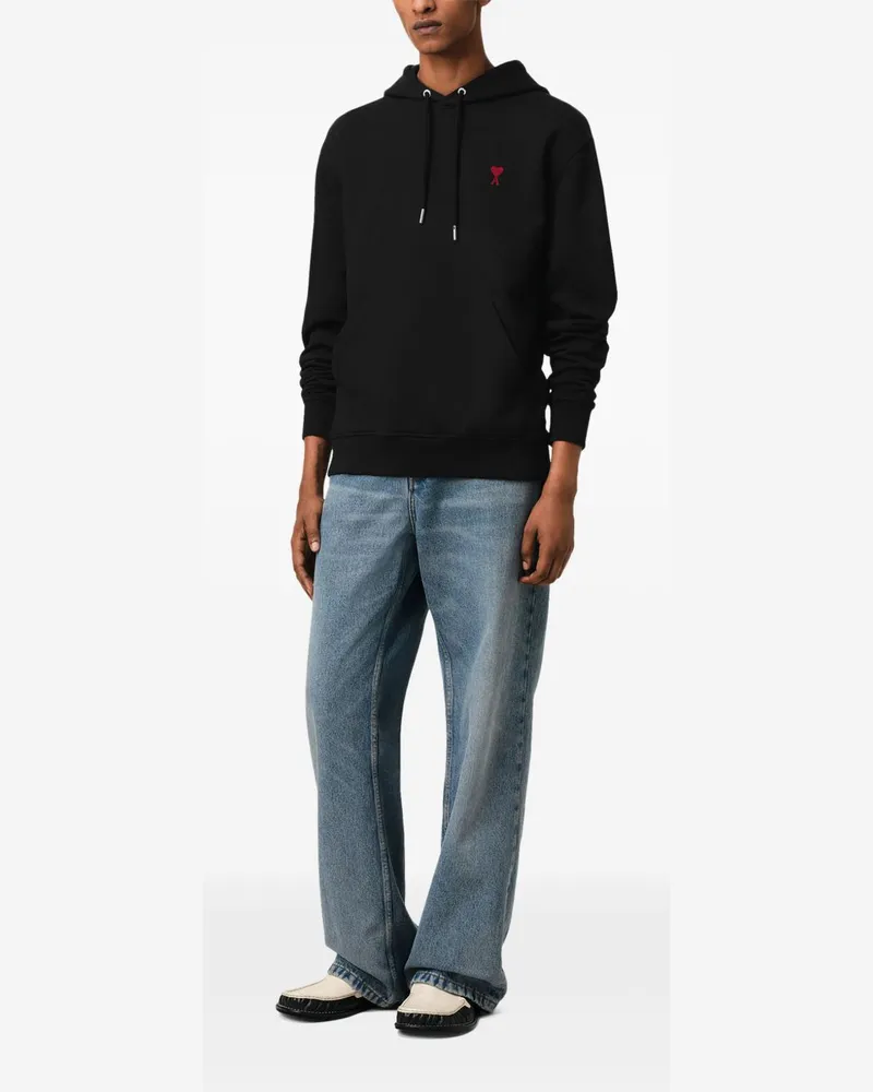 AMI Paris Logo-Embroidered Cotton Hoodie — Black Black