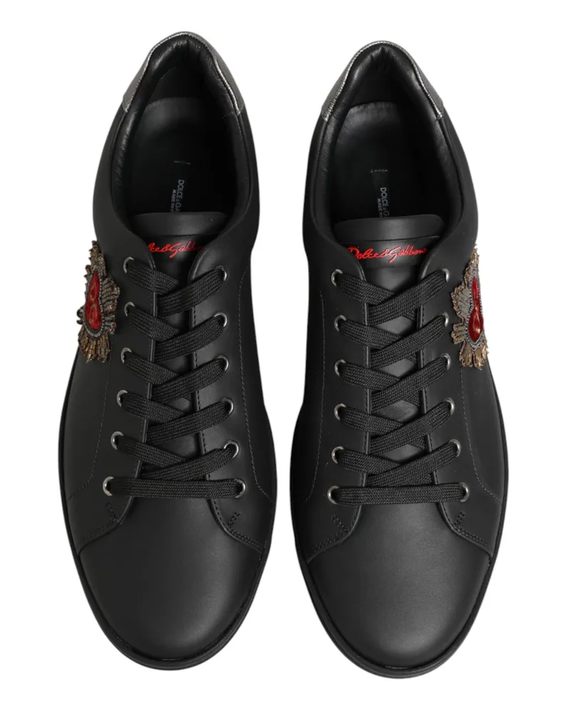 Dolce & Gabbana Men's Black Leather Heart Embellished Sneakers Shoes 100lf Black