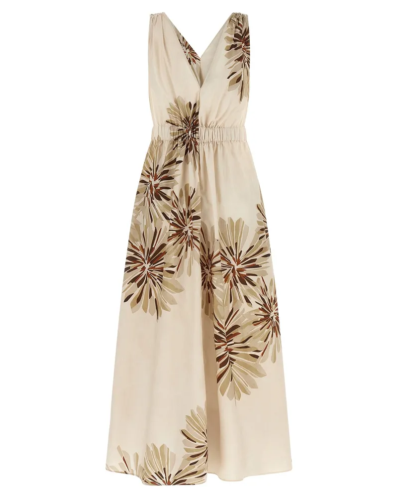 Brunello Cucinelli Dahlia Bloom Print Cotton Dress — Beige Beige
