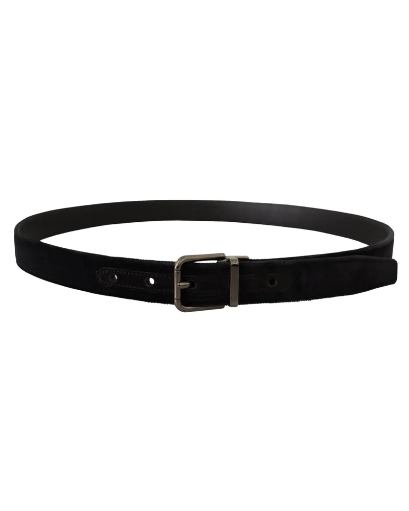Dolce & Gabbana Men's Black Velvet Silver Tone Logo Metal Buckle Belt Leather Black