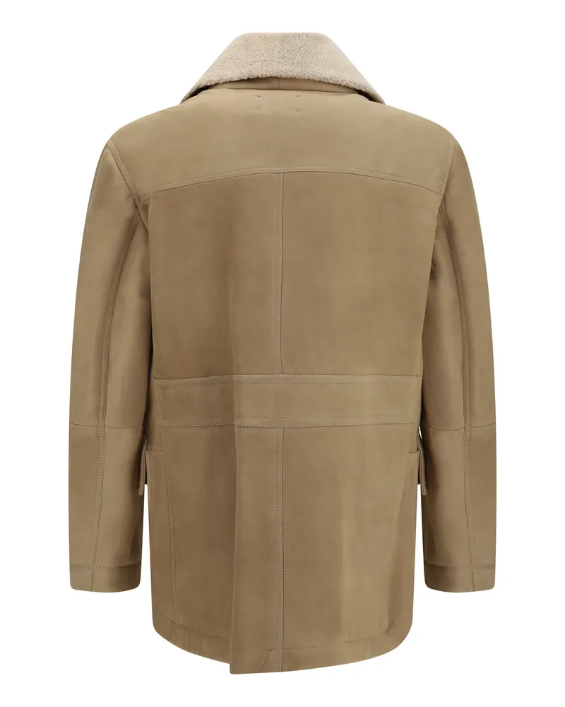 Brunello Cucinelli Curly Suede Shearling Coat — Beige Beige