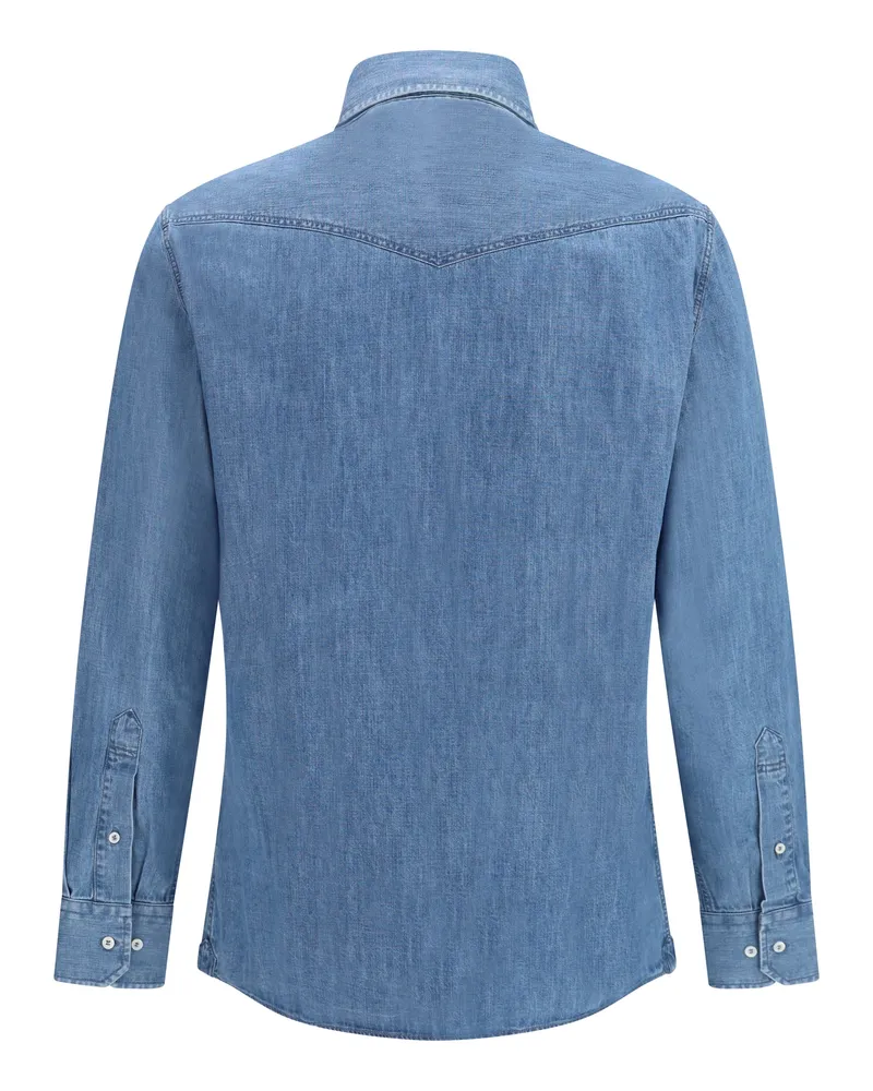 Brunello Cucinelli Men's Easy Fit Lightweight Denim Shirt Med Wash Cotton Blue