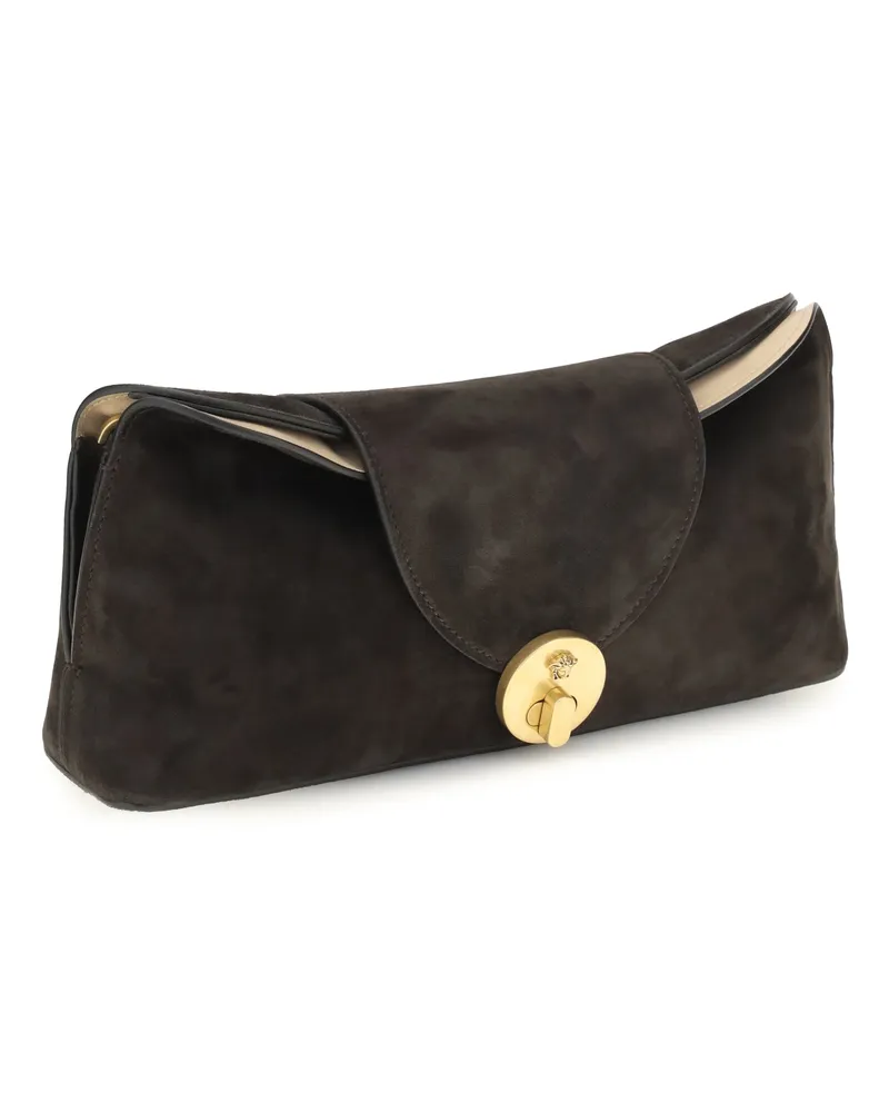 Versace Women's Vivian Suede Pouch Moka Gold Calf Leather Bos Taurus Clutches Brown
