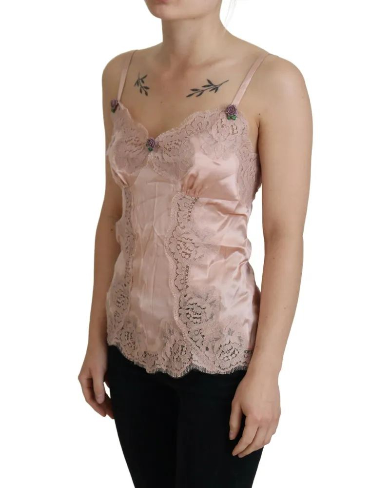 Dolce & Gabbana Women's Pink Satin Lace Roses Tank Top Lingerie Cotton Pink