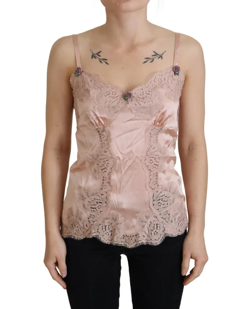 Dolce & Gabbana Lace-Embellished Silk Tank Top — Pink Pink