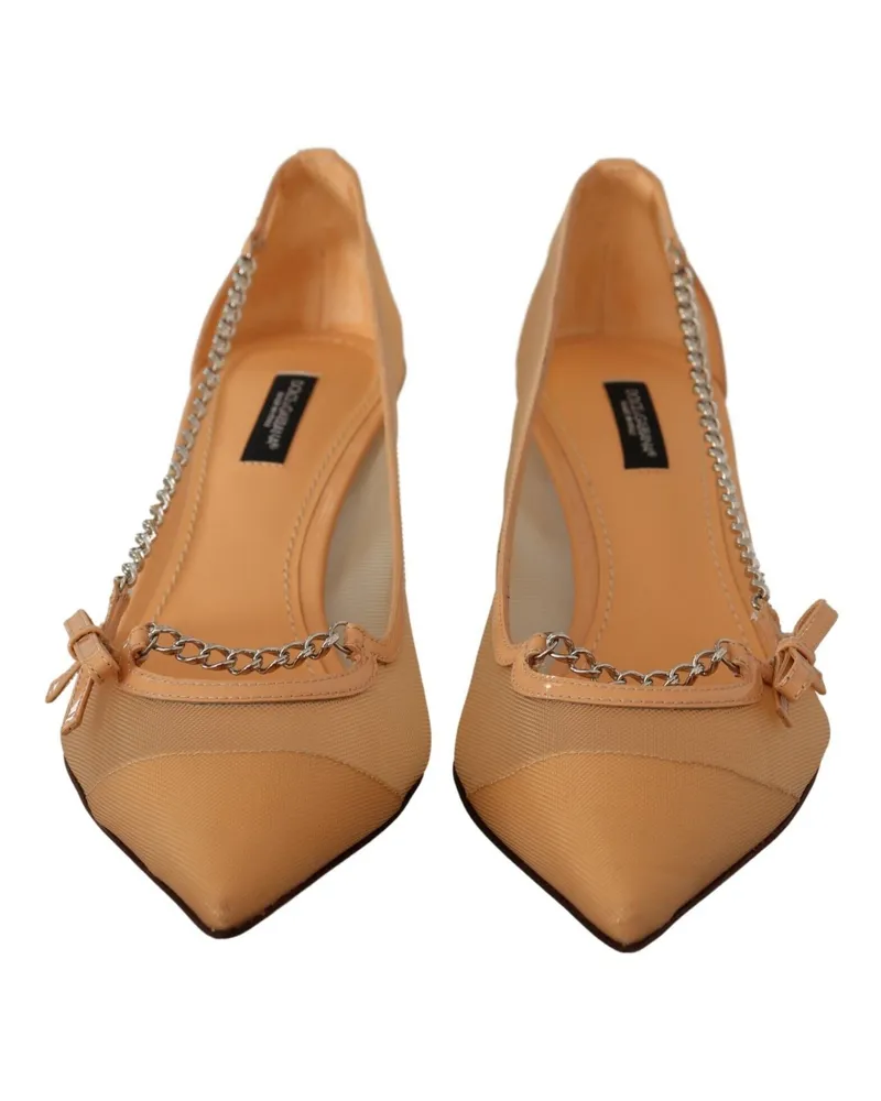 Dolce & Gabbana Women's Peach Mesh Leather Chains Heels Pumps Shoes Beige Beige