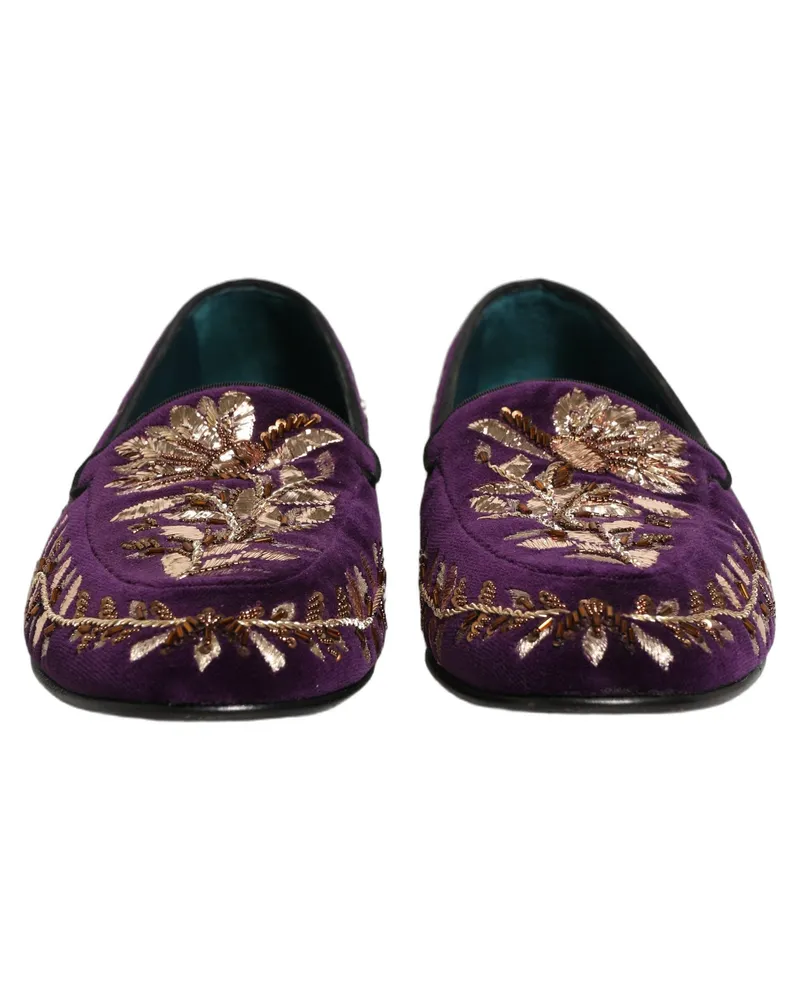 Dolce & Gabbana Men's Violet Velvet Floral Embroidery Loafers Shoes Leather Purple