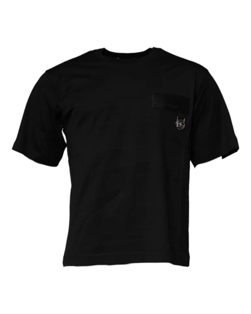 Dolce & Gabbana Men Black Logo Patch Cotton Crew Neck T-Shirt Black
