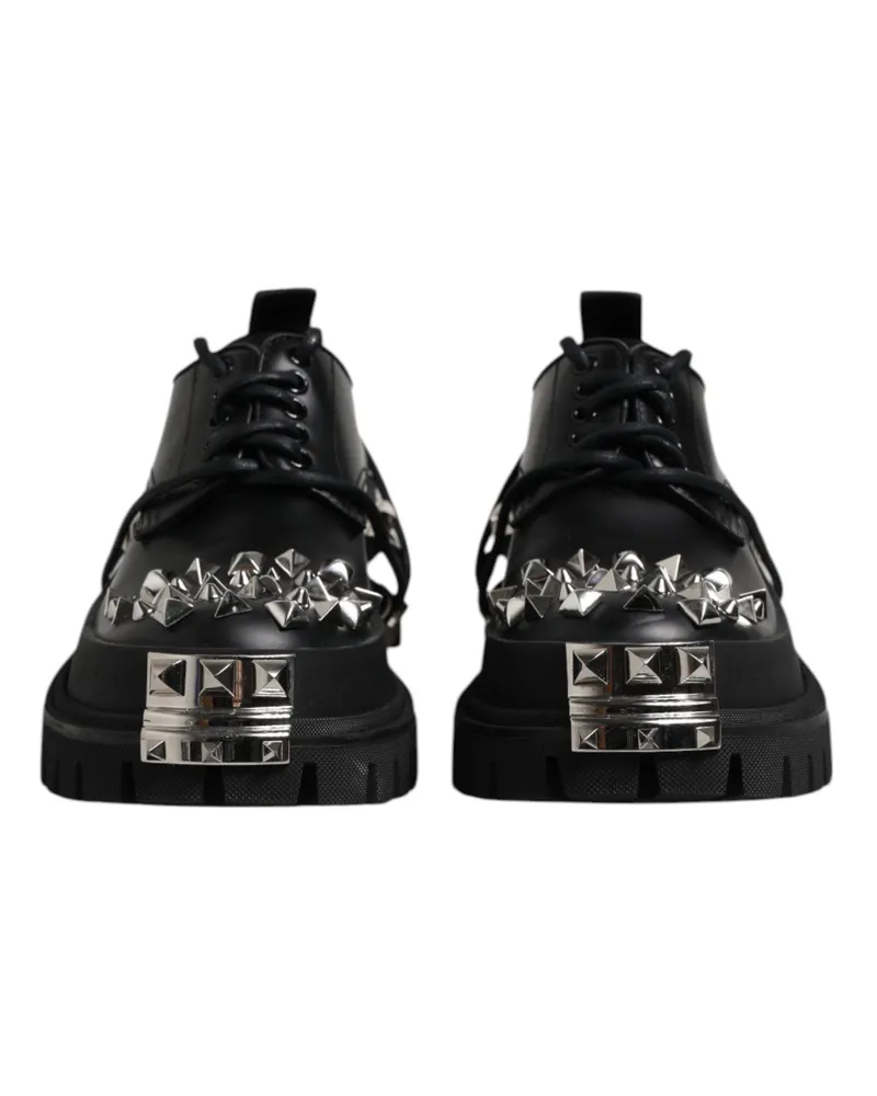 Dolce & Gabbana Black Studded Leather Hi-Trekking Derby Men Shoes Viscose Lamb Calf Black