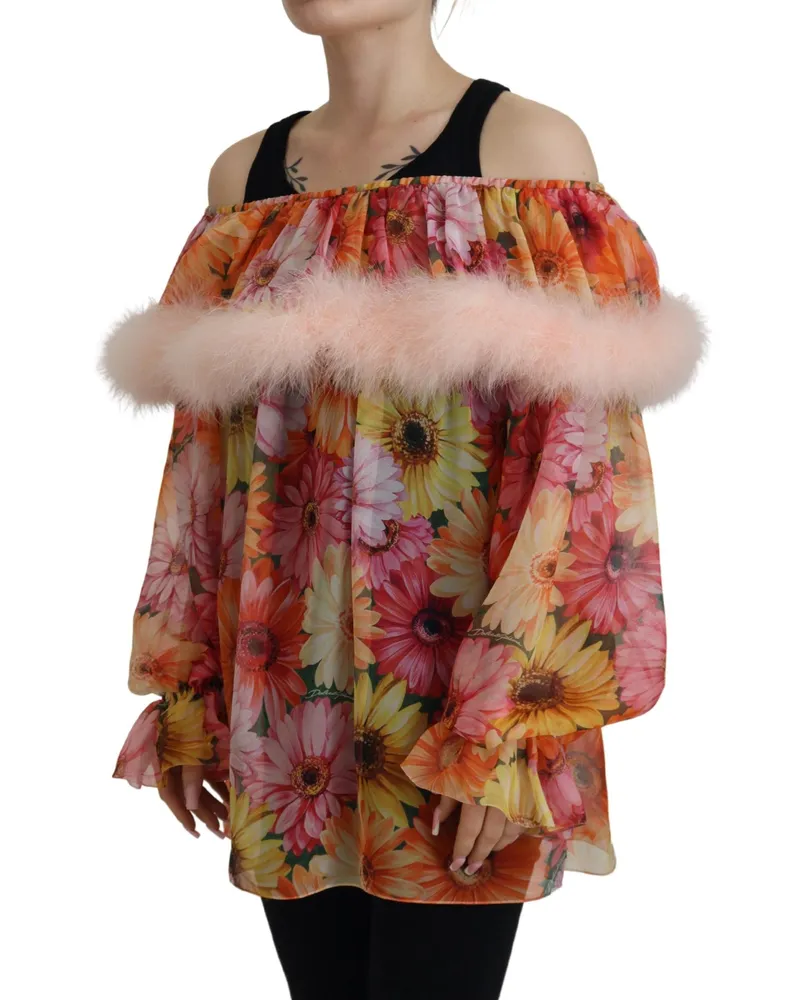 Dolce & Gabbana Women Multicolor Floral Fur Shearling Blouse Top Silk Multicolor