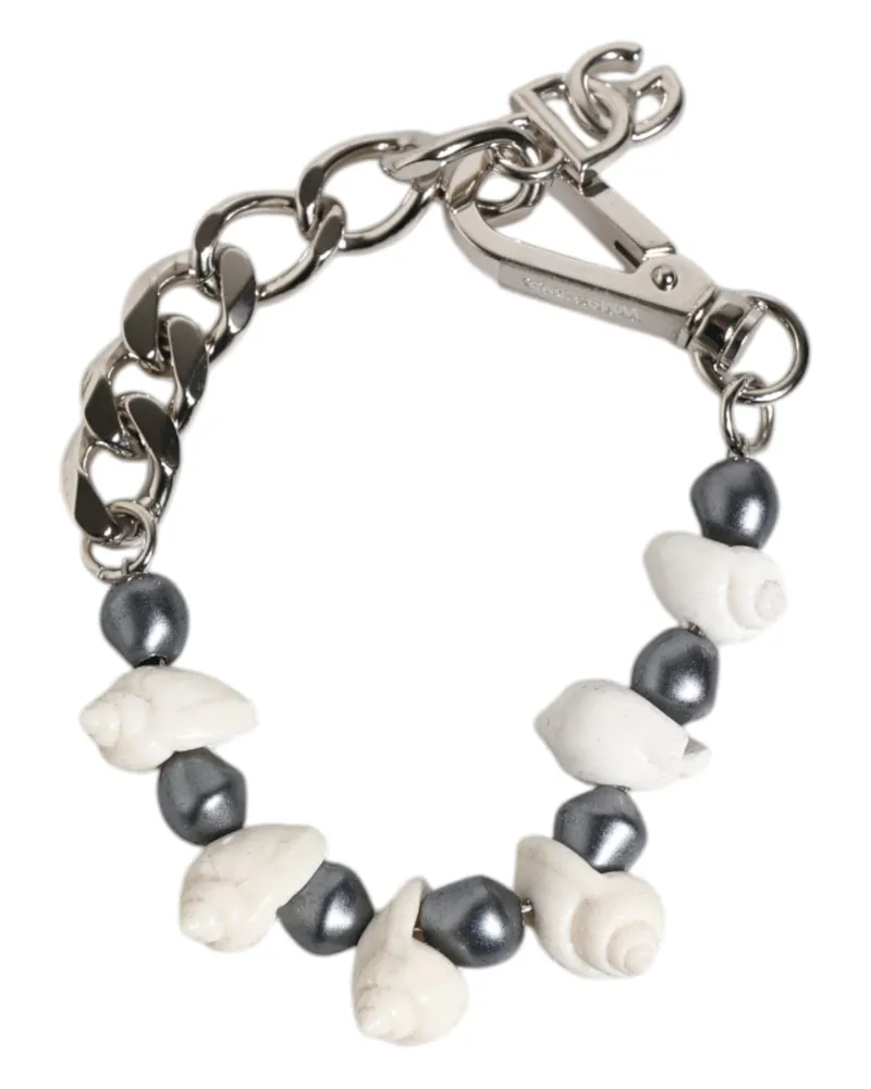 Dolce & Gabbana Men's Silver Tone Brass Beaded Shell Dg Logo Pendant Bracelet Silver-Tone Metal Silver