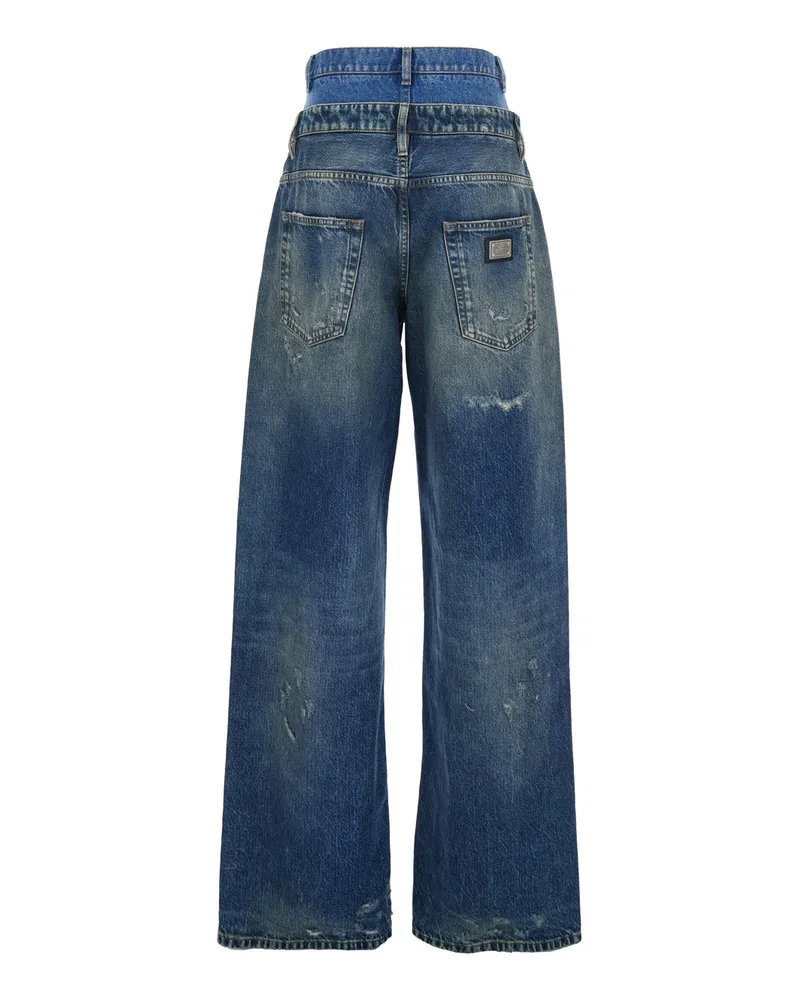 Dolce & Gabbana Women's Blue Layered Design Distressed Jeans Cotton Blue