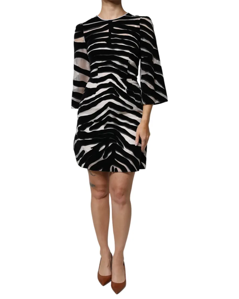 Dolce & Gabbana Women Black White Zebra A-Line Sheath Mini Dress And Nylon Silk Black