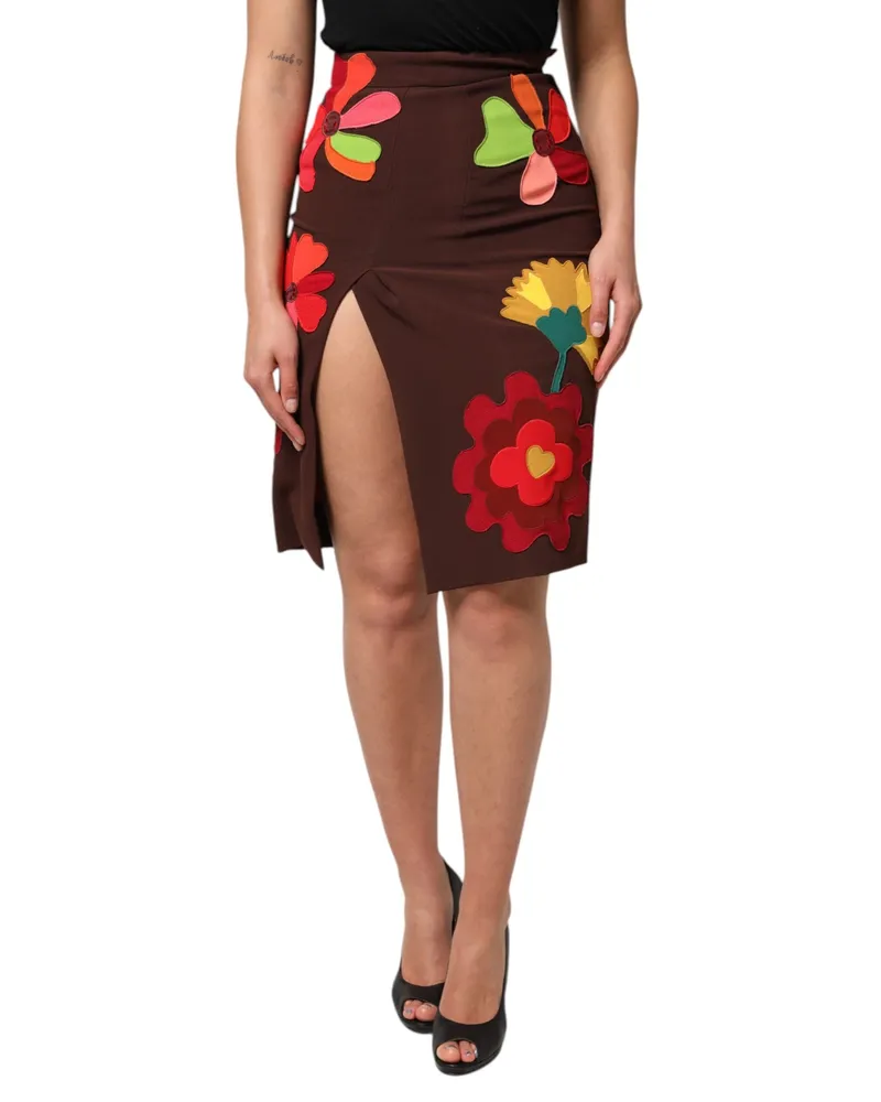 Dolce & Gabbana Women Brown Floral High Waist Side Slit Skirt Viscose Acetate Elastane Brown