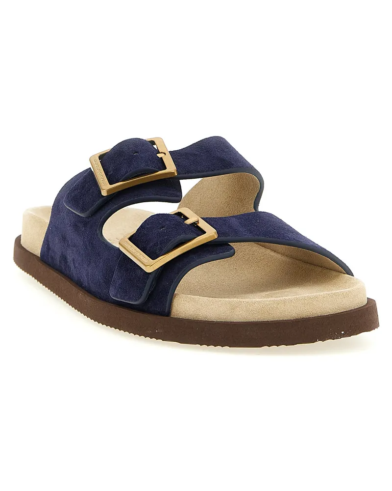 Brunello Cucinelli Men's Blue Calfskin Slides Shoe Blue