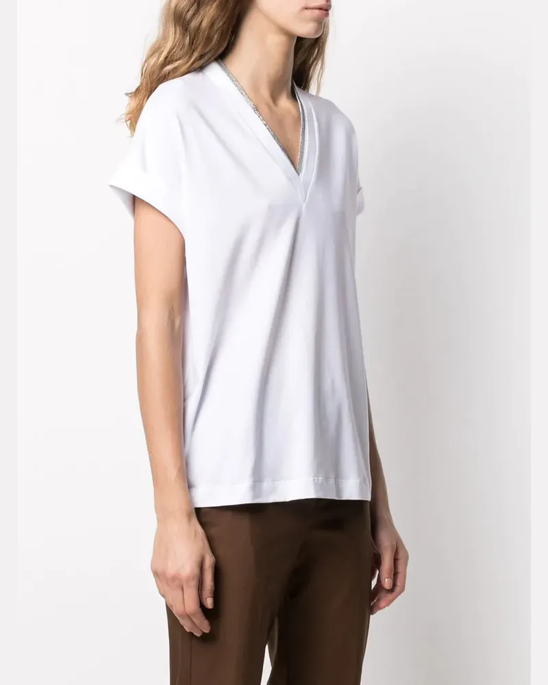 Brunello Cucinelli Women's T-Silvery Trim V-Neck T-Shirt Aw25 W White