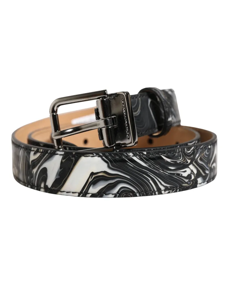 Dolce & Gabbana Men Black Marble Leather Metal Buckle Belt Calf Black