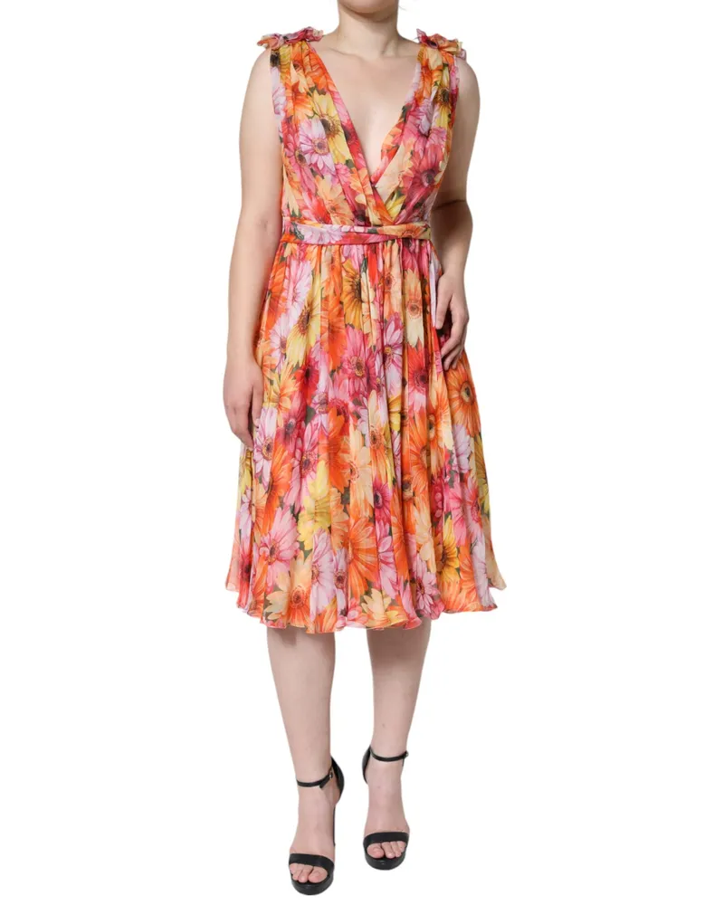 Dolce & Gabbana Women's Multicolor Floral Sleeveless V-Neck Midi Dress Silk Multicolor