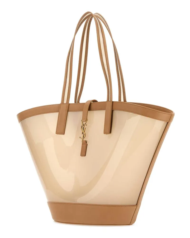 Saint Laurent Women's Two-Tone Vinyl And Leather Panier Shopping Bag Brcovintbrgold Borse A Mano Beige