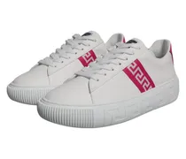 Men's White Pink Greca Print Platform Low Top Sneakers Shoes Calf Leather