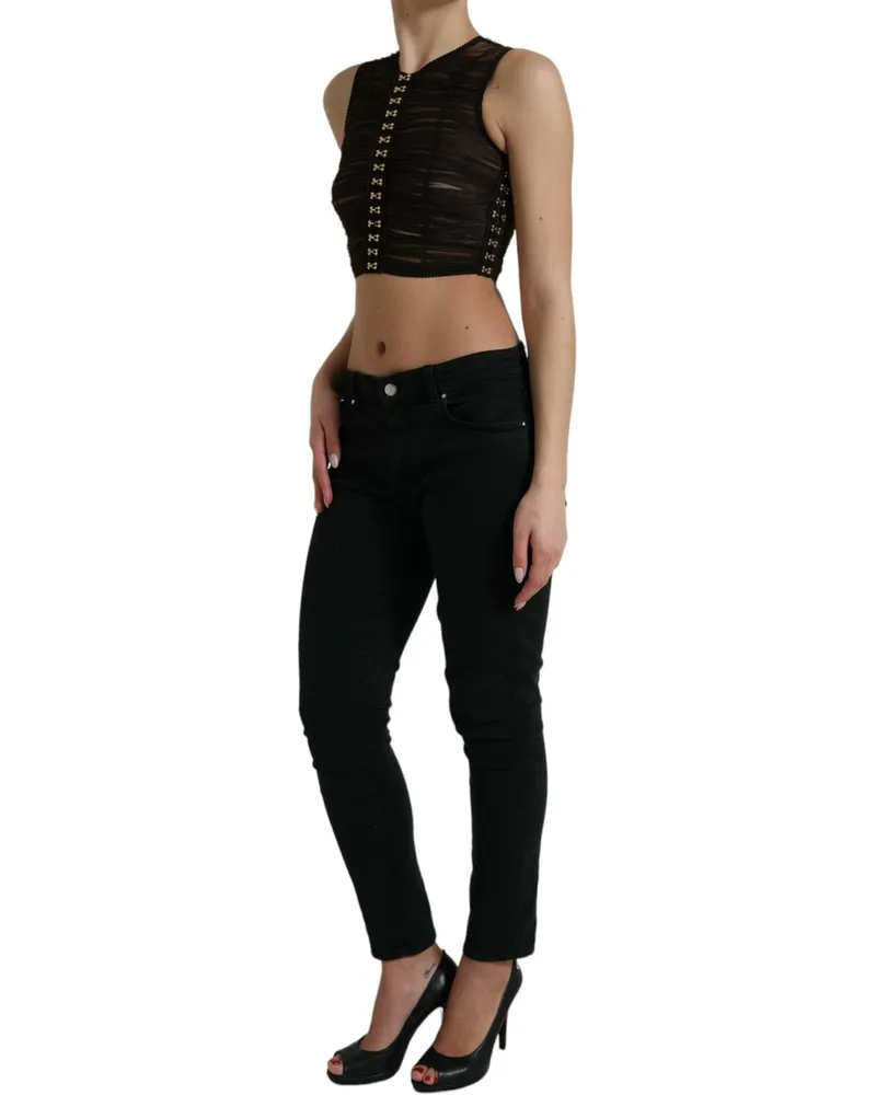 Dolce & Gabbana Women Brown Embellished Nylon Stretch Cropped Top Brown