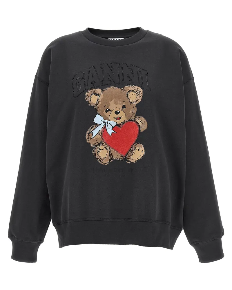 Ganni Bear-Print Crewneck Sweatshirt — Black Black