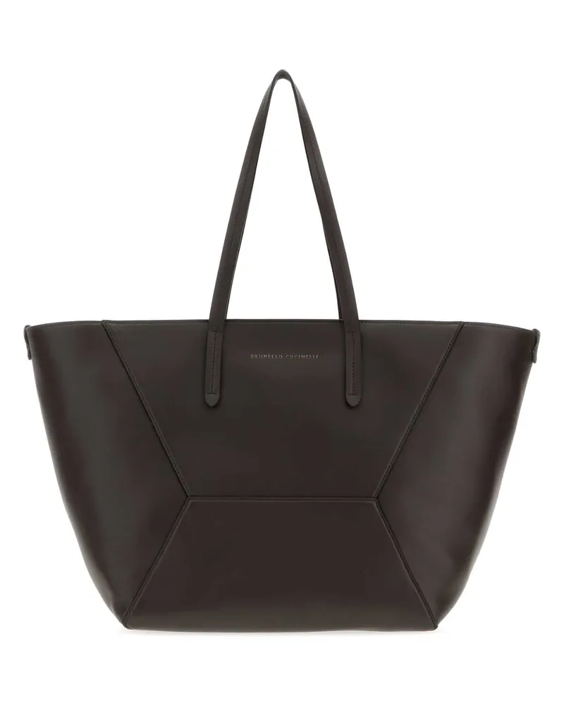 Brunello Cucinelli Geometric Paneled Calf Leather Tote Bag — Brown Brown